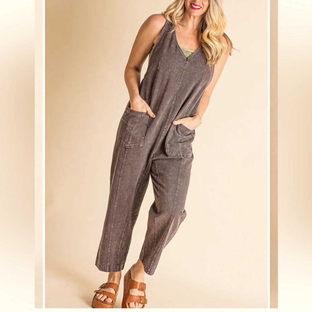 04 Fabulous Acid washed Brown denim deep front v neck overall